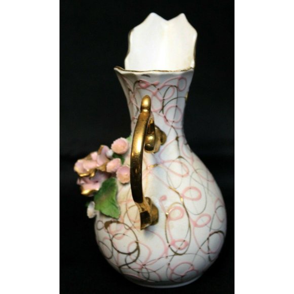 VTG Lefton China Pitcher Pink Rose Forget-Me-Nots Hand Painted Small Gold Swirls - Picture 2 of 8